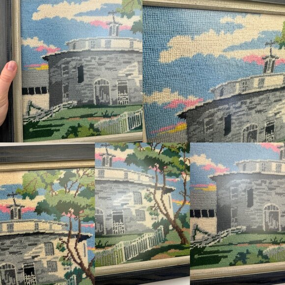 Vtg Wall Framed Needlepoint Art Work Craft Completed Church Building Tree Sky - Picture 9 of 11